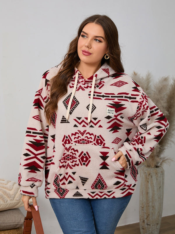 Plus size women's loose casual geometric pattern thickened plush sweatshirt jacket Dark Red