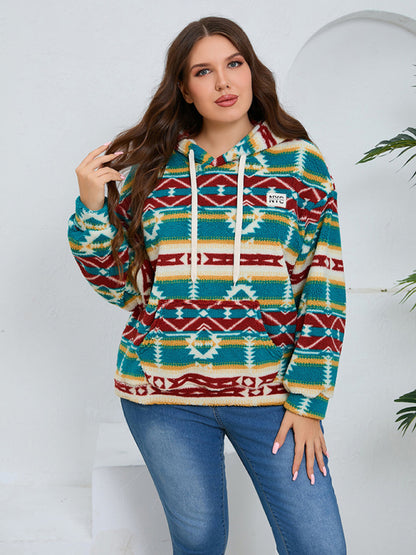 Plus size women's loose casual geometric pattern thickened plush sweatshirt jacket Green