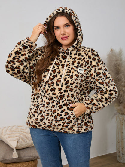 Plus size women's loose casual geometric pattern thickened plush sweatshirt jacket Leopard