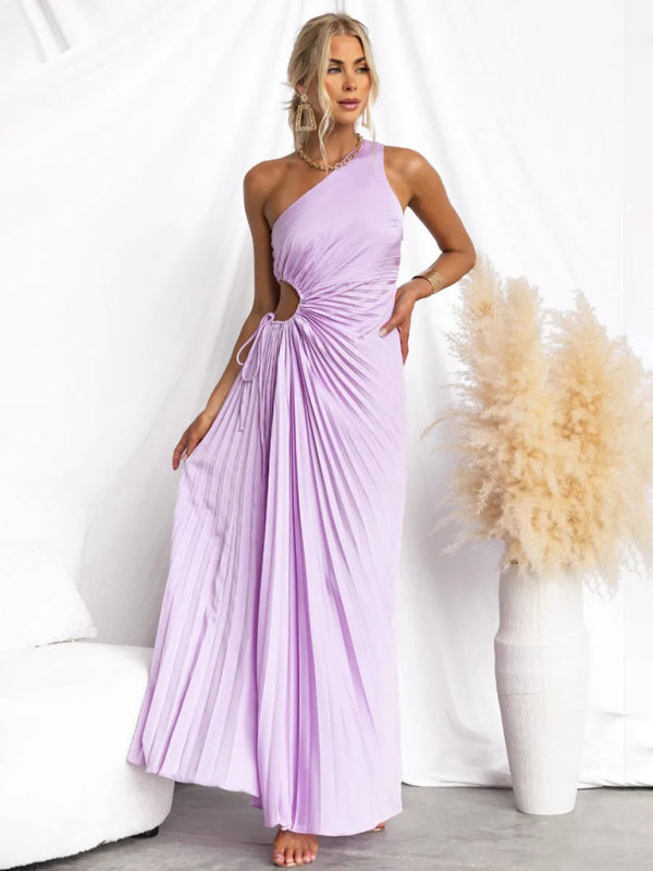 Women's Elegant Pleated Dress One Shoulder Waist Hollow Dress Purple