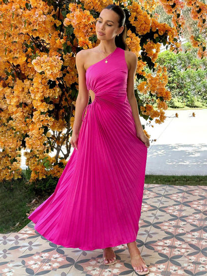 Women's Elegant Pleated Dress One Shoulder Waist Hollow Dress Rose