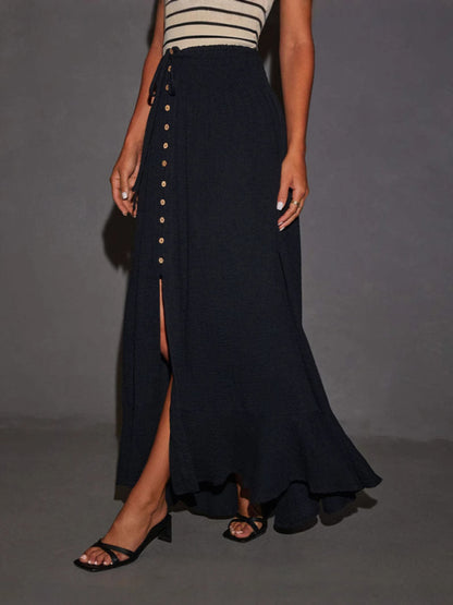 Tie Waist Skirt for Women - Solid Color A-Line Cotton Blend Skirt Black