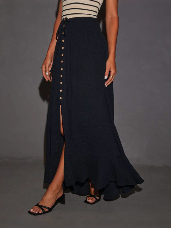 Tie Waist Skirt for Women - Solid Color A-Line Cotton Blend Skirt Black