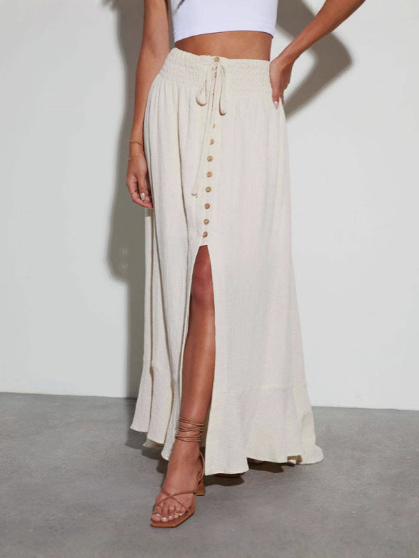 Tie Waist Skirt for Women - Solid Color A-Line Cotton Blend Skirt White