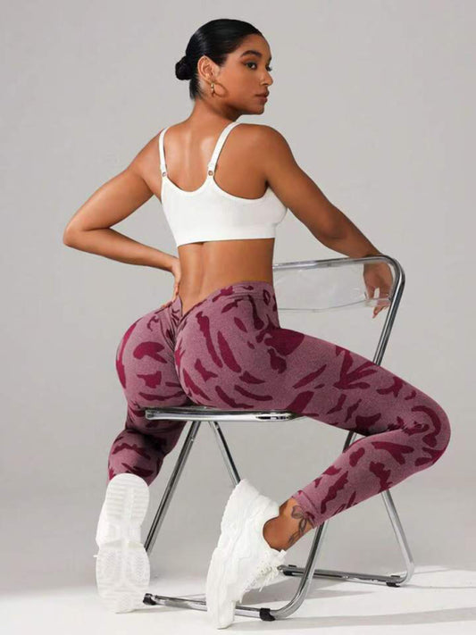 V waist camouflage peach hip sports trousers seamless yoga pants waisted fitness pants Wine Red