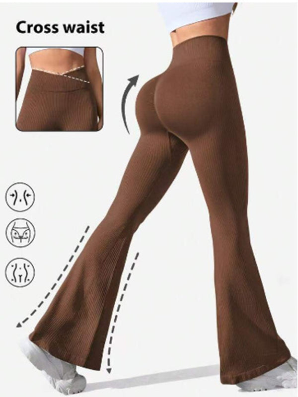 Cross Waist Threaded Flared Seamless Yoga Pants Coffee