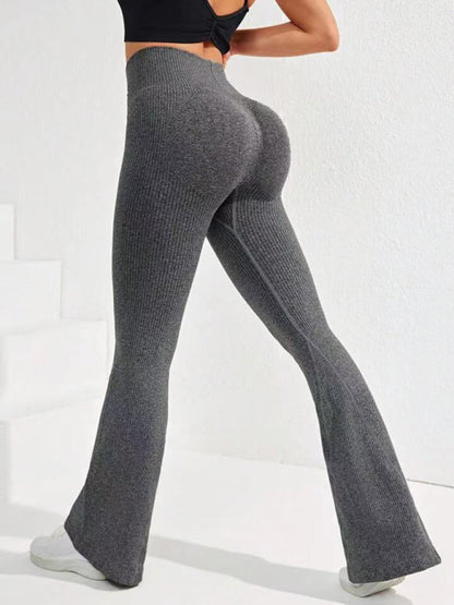 Cross Waist Threaded Flared Seamless Yoga Pants Grey