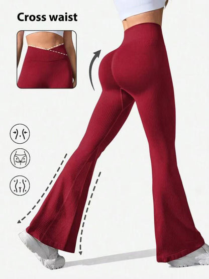 Cross Waist Threaded Flared Seamless Yoga Pants Wine Red