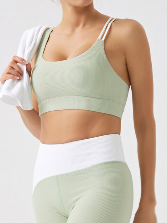 Environmentally friendly recycled fabric light color contrast yoga vest with chest pad Pea green grey