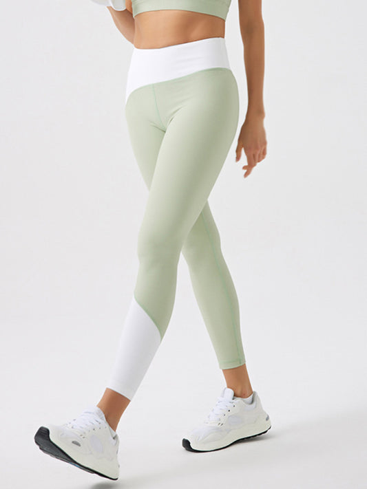 Environmentally friendly recycled fabric light color contrast yoga pants outdoor running fitness leggings Pea green grey