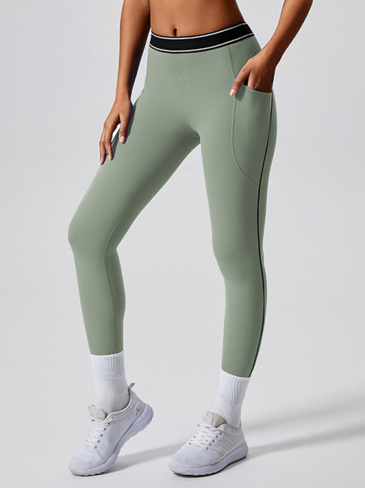 Contrast color yoga pants outdoor running fitness leggings Pea green grey
