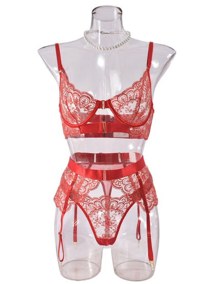 Embroidered bra sexy lingerie 3 piece setderwear four-piece set Red