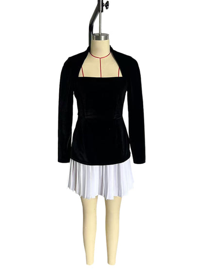 Fashionable and personalized long-sleeved color-blocked pleated hem mini skirt dress