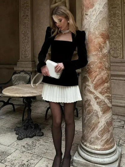 Fashionable and personalized long-sleeved color-blocked pleated hem mini skirt dress