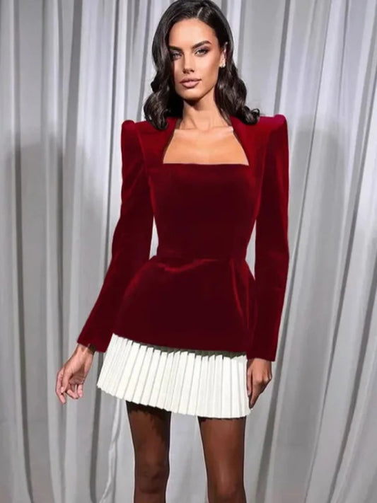 Fashionable and personalized long-sleeved color-blocked pleated hem mini skirt dress Wine Red