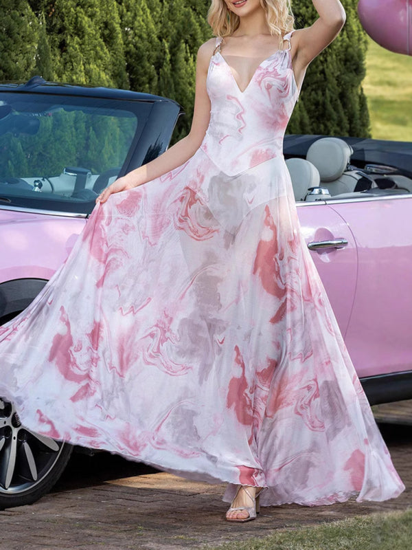 V-neck suspenders mesh print semi-transparent V-neck long dress Pastel pink