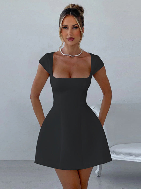 Short Sleeve Square Neck Vest A-Line Dress Black