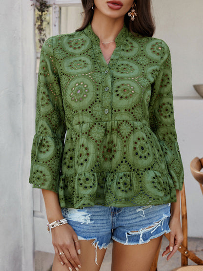 Solid color hollow v-neck three-quarter sleeve shirt Olive green