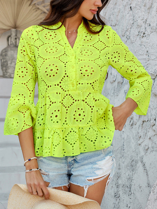 Solid color hollow v-neck three-quarter sleeve shirt Yellow