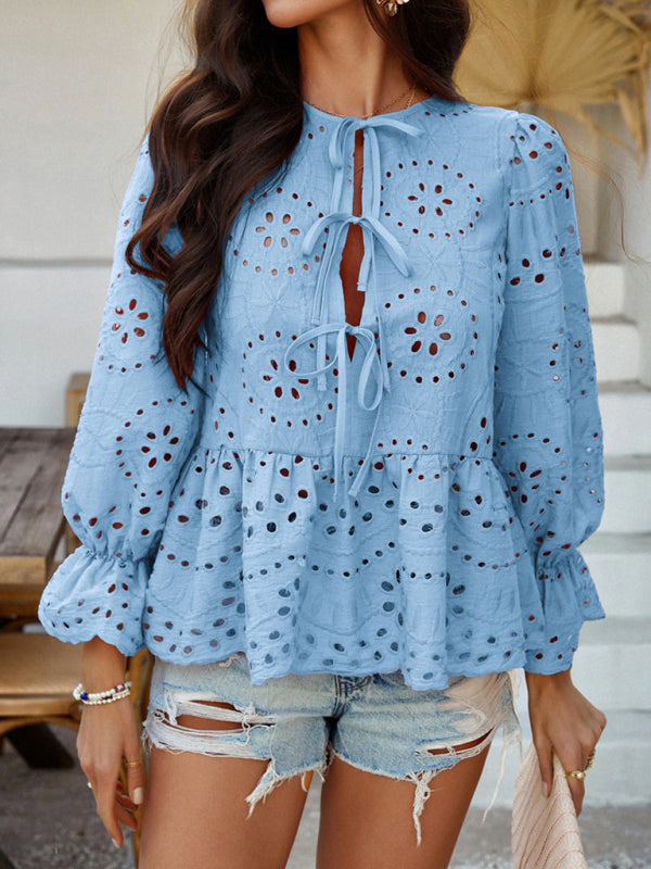 Lace-Up Cardigan with Hollow Details - Loose Vacation Top for Women Blue