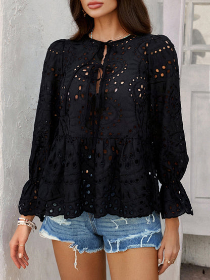 Lace-Up Cardigan with Hollow Details - Loose Vacation Top for Women