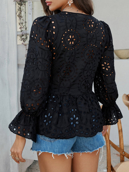 Lace-Up Cardigan with Hollow Details - Loose Vacation Top for Women