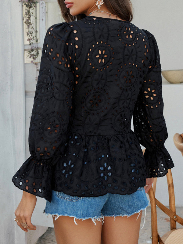 Lace-Up Cardigan with Hollow Details - Loose Vacation Top for Women