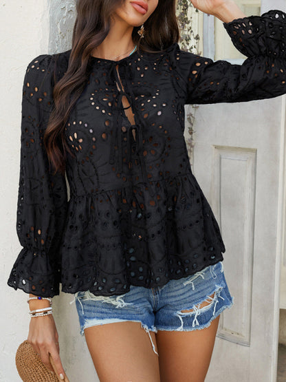 Lace-Up Cardigan with Hollow Details - Loose Vacation Top for Women