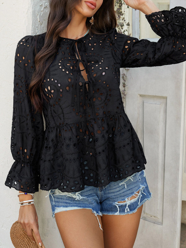 Lace-Up Cardigan with Hollow Details - Loose Vacation Top for Women