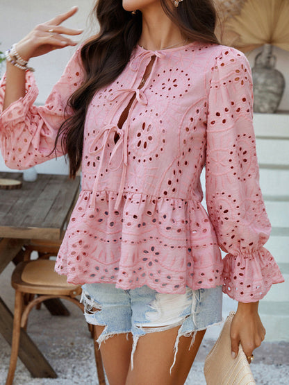 Lace-Up Cardigan with Hollow Details - Loose Vacation Top for Women