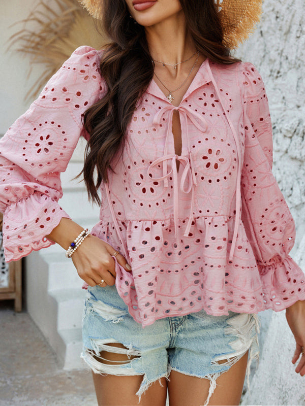 Lace-Up Cardigan with Hollow Details - Loose Vacation Top for Women