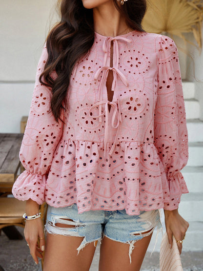Lace-Up Cardigan with Hollow Details - Loose Vacation Top for Women Pink