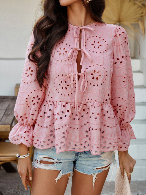 Lace-Up Cardigan with Hollow Details - Loose Vacation Top for Women Pink