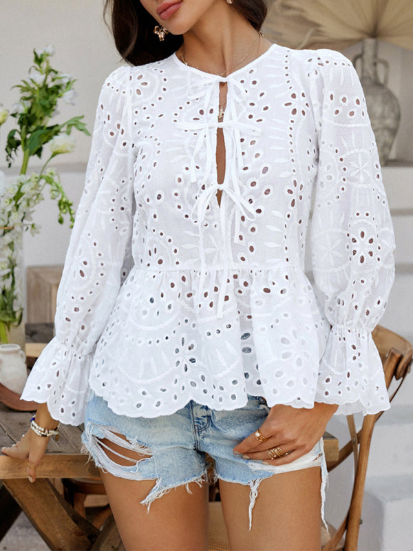 Lace-Up Cardigan with Hollow Details - Loose Vacation Top for Women