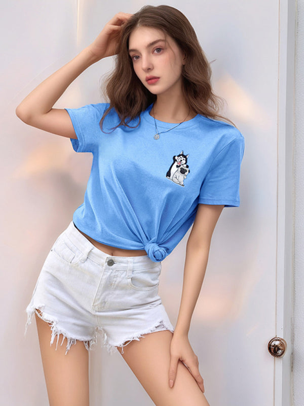 Loose round neck cute dog cartoon print T-shirt Blue
