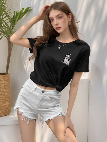 Loose round neck cute dog cartoon print T-shirt Black