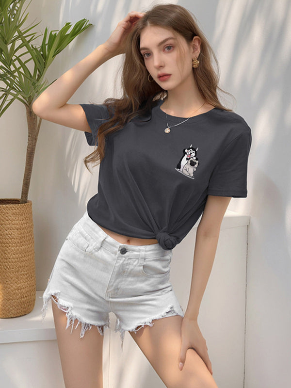 Loose round neck cute dog cartoon print T-shirt Grey