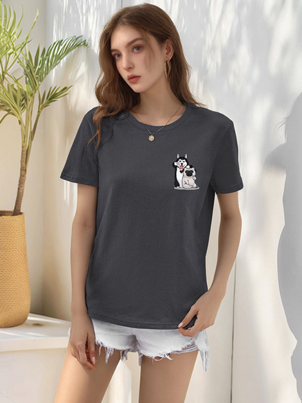 Loose round neck cute dog cartoon print T-shirt