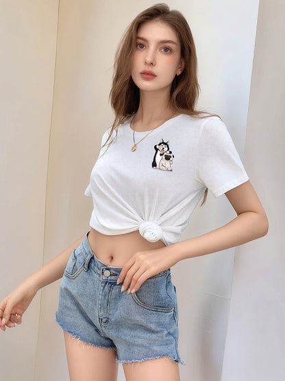 Loose round neck cute dog cartoon print T-shirt White
