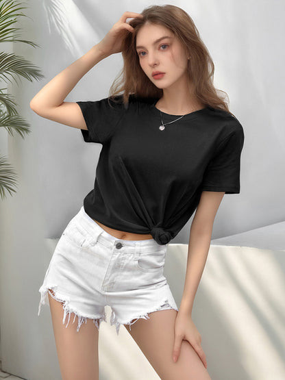 Round Neck Loose Fit Short Sleeve Cotton Women's T-Shirt Black