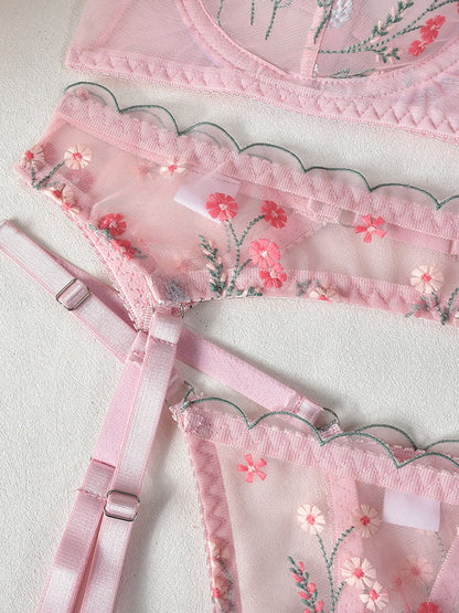 Embroidery and mesh sexy underwear four-piece set