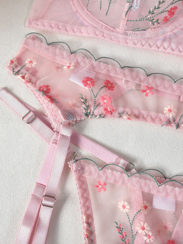 Embroidery and mesh sexy underwear four-piece set