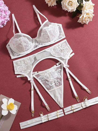 Lace Embroidered Bra Sexy Lingerie 4-piece Set