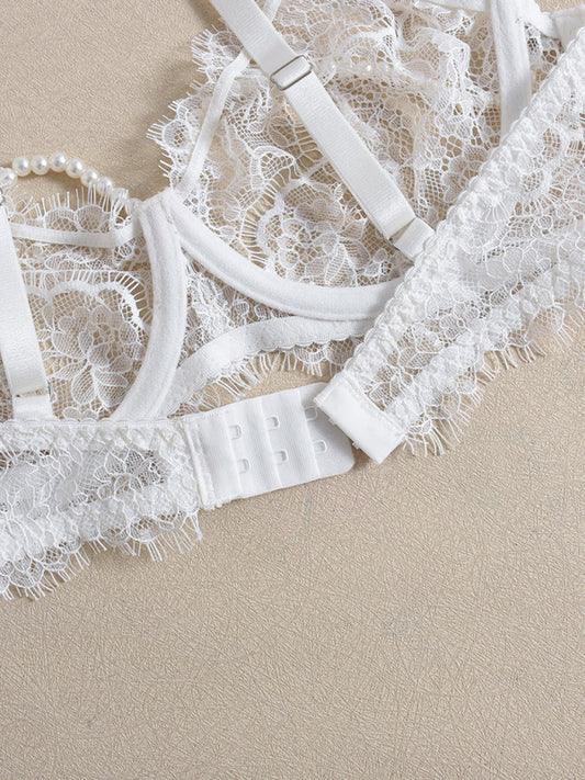 Sexy Bra Handmade Pearl Removable Fishbone Waist Eyelash Lace Bra Set