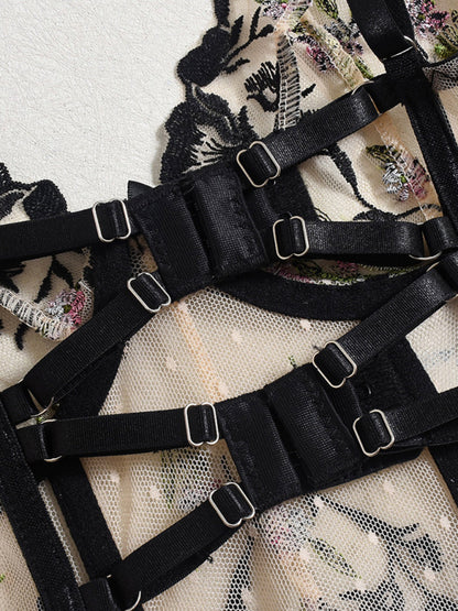 See-through lace embroidery sexy underwear girdle fishbone sexy underwear 2-piece set