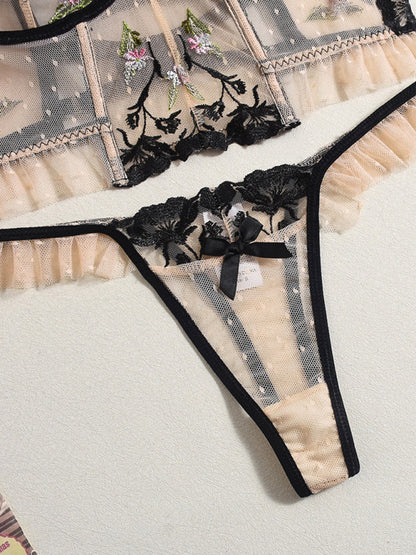 See-through lace embroidery sexy underwear girdle fishbone sexy underwear 2-piece set