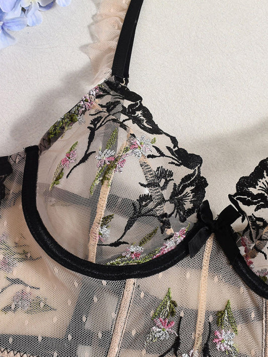 See-through lace embroidery sexy underwear girdle fishbone sexy underwear 2-piece set