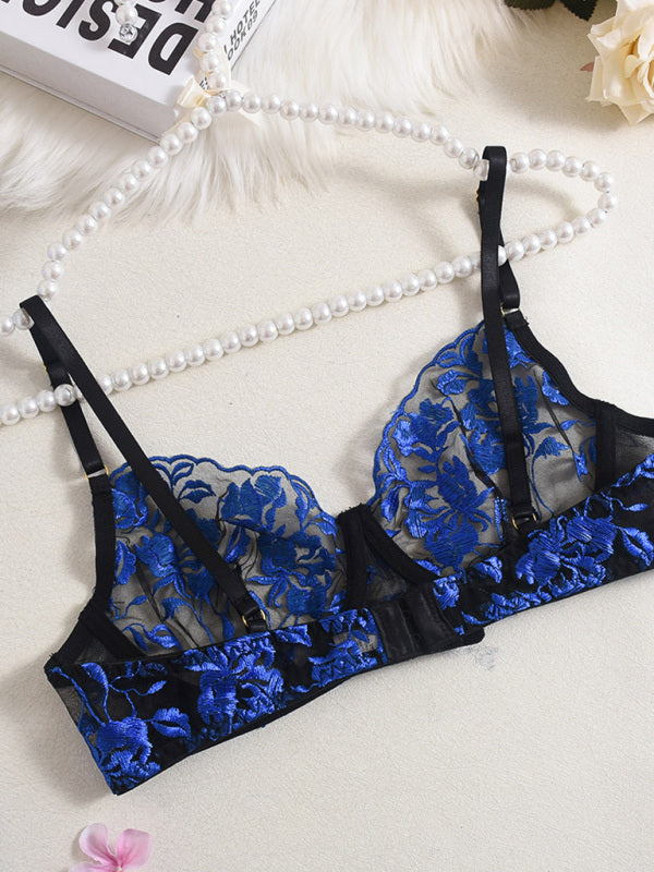 Sexy bra lace mesh see-through embroidery sexy underwear 4-piece set