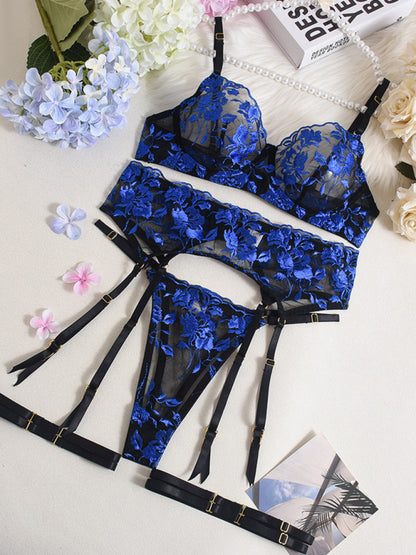 Sexy bra lace mesh see-through embroidery sexy underwear 4-piece set