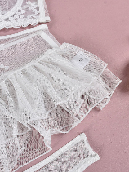 Embroidered lace-up waist-slimming multi-layered mesh skirt underwear set